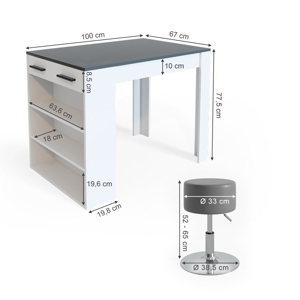 Vicco Bartisch Bartresen Stehtisch Bistrotisch REPOSE Weiß Anthrazit inkl. Hocker