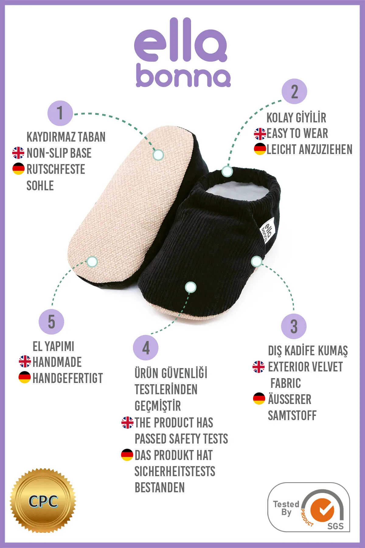 Ella Bonna  Rutschfeste Sohle, Futter aus Bio-Baumwolle, Babyschuhe aus Cord in Schwarz