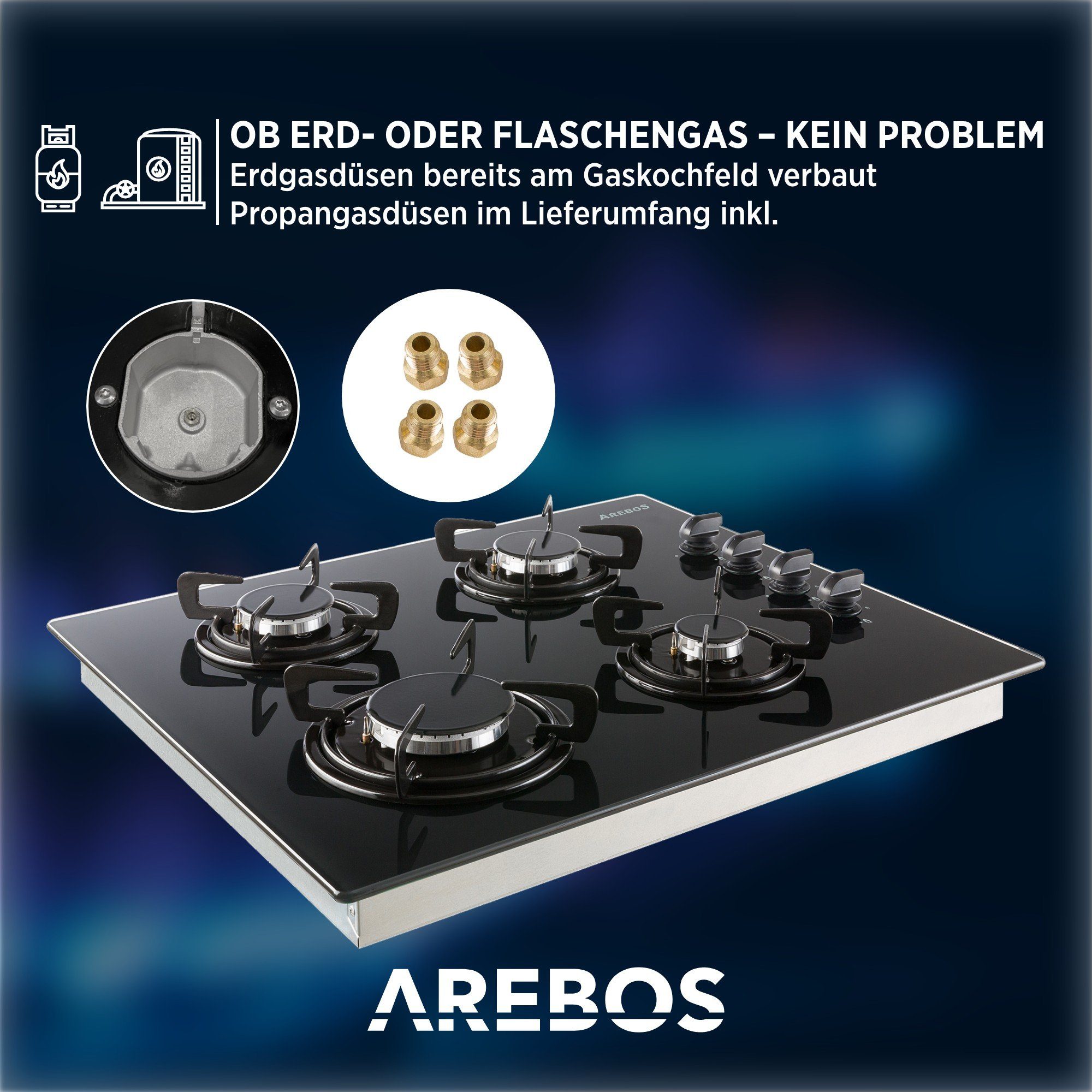 Arebos Gas-Kochfeld Gasherd AR-HE-GH63, Geeignet für Erdgas oder Propangas, Gasherd, Gaskocher