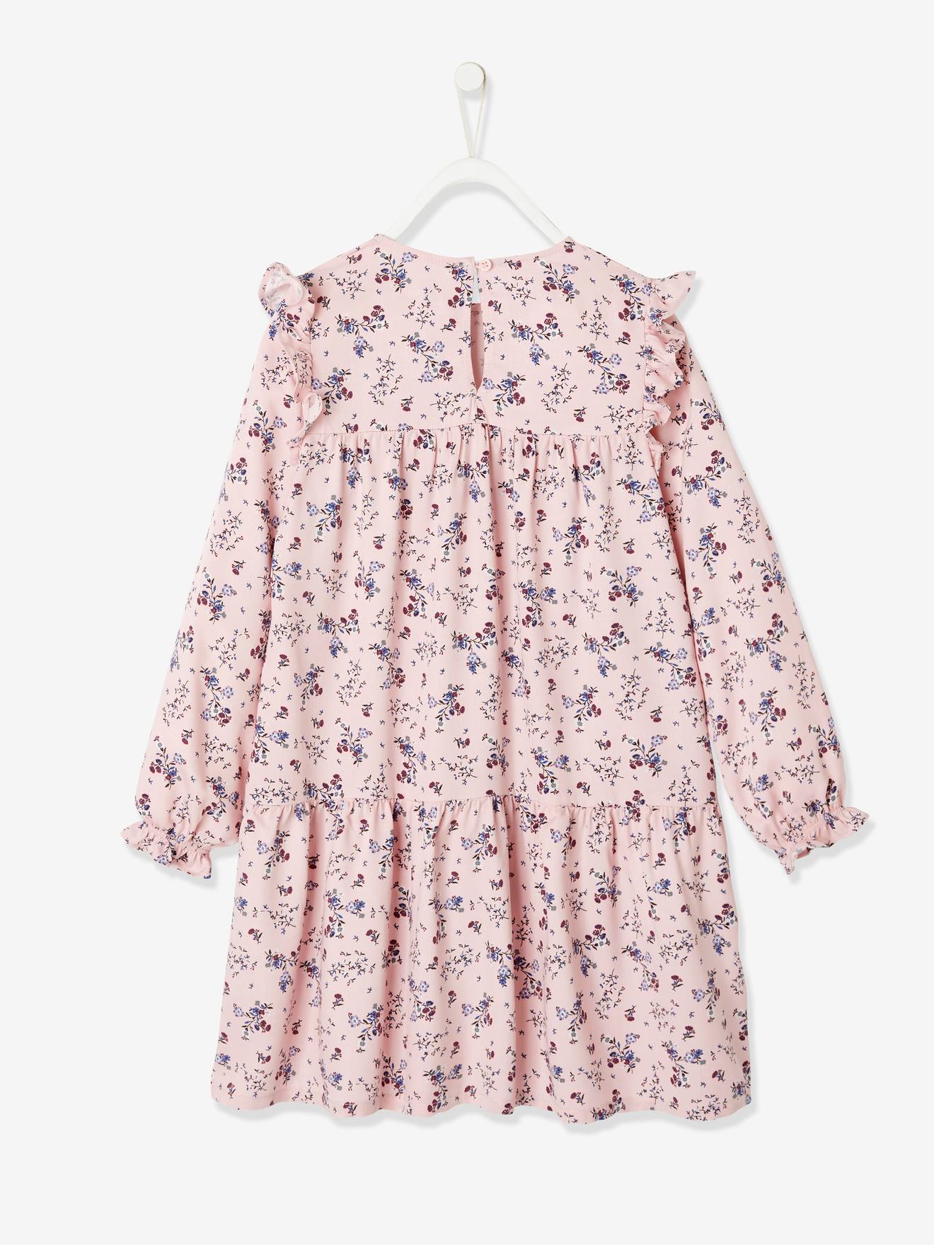 Robe imprimée fleurs manches volantées fille bleu nuit