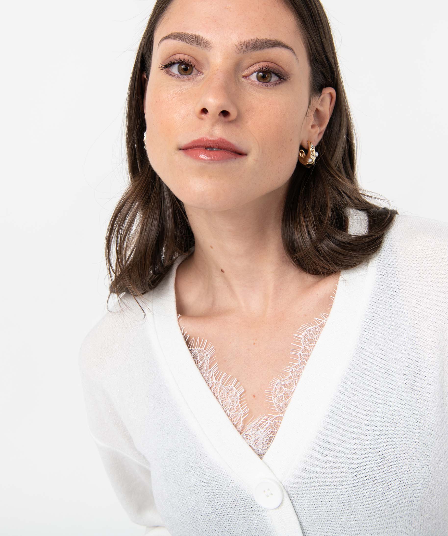 Pull femme à col V en maille pailletée ecru | GEMO