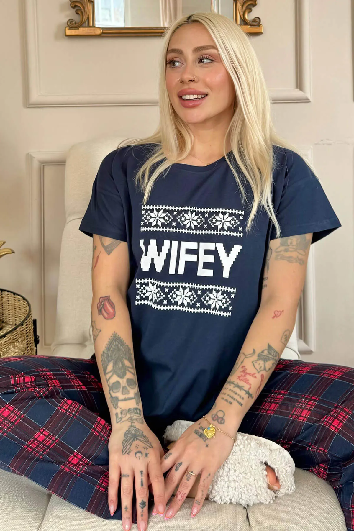 Pijamaevi  Marineblaues Wifey Kurzarm-Pyjama-Set für Damen von Dear Family