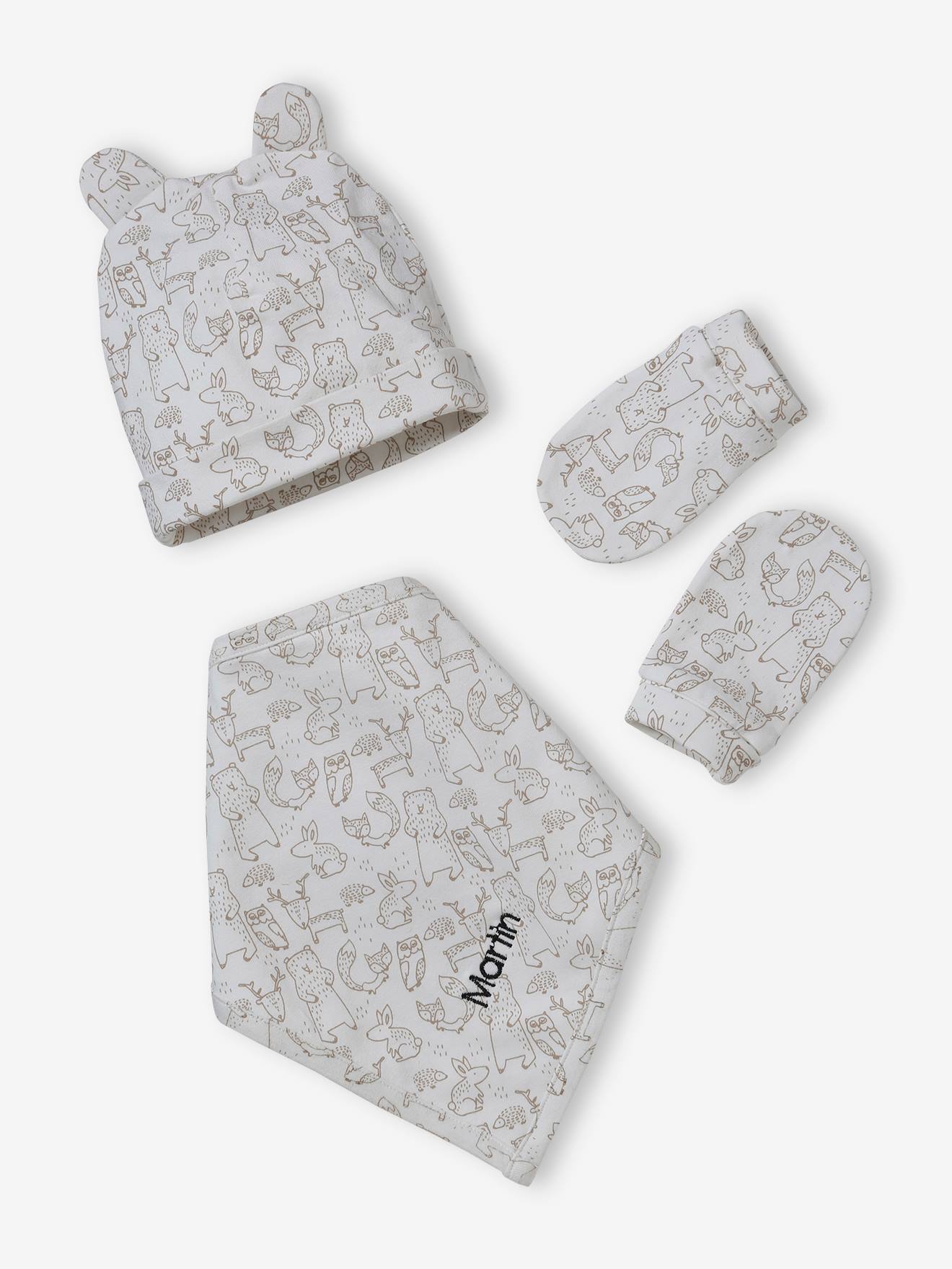 Ensemble bonnet + moufles + foulard + sac bébé imprimé personnalisable taupe