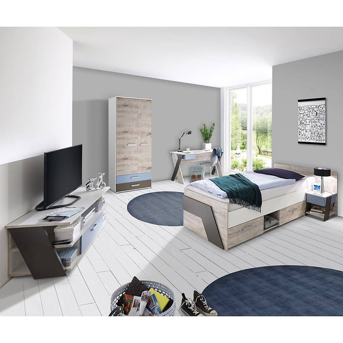 Jugendzimmer Set mit Bett 90x200 cm 5-teilig mit Kleiderschrank LEEDS-10 in Sandeiche Nachbildung mit weiß, Lava und Denim Blau
