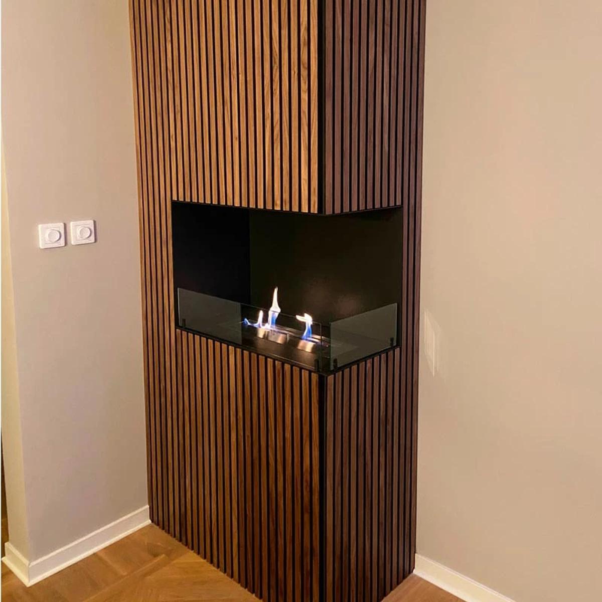 Foco Foco Ecke rechts 800, Bioethanol-Kamin für die rechte Ecke, 3,2 kW, Flammen sichtbar von zwei Seiten, manuelle oder automatische Brennkammer