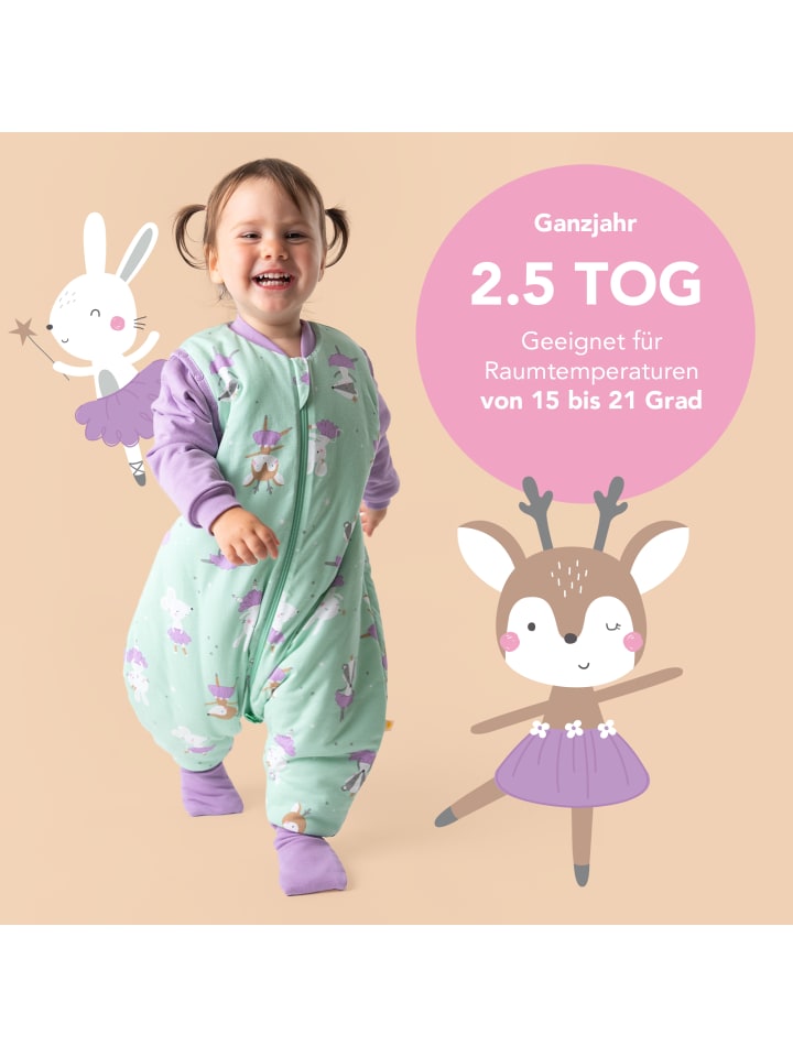 Schlummersack Schlafsack mit Füßen und umklappbaren Bündchen, 2.5 TOG in Mint-Lila günstig kaufen