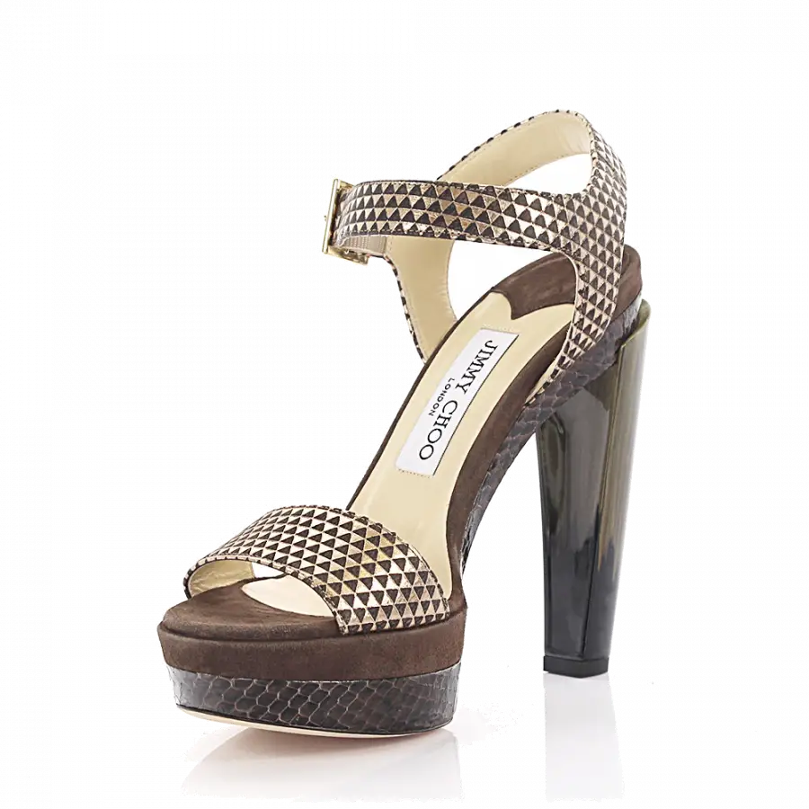 Jimmy Choo - Sandalen Dora Plateau Leder gold metallic finished Veloursleder braun Schlangenprägung - beige