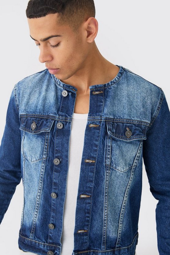 Kragenlose Jeansjacke in Indigoblau