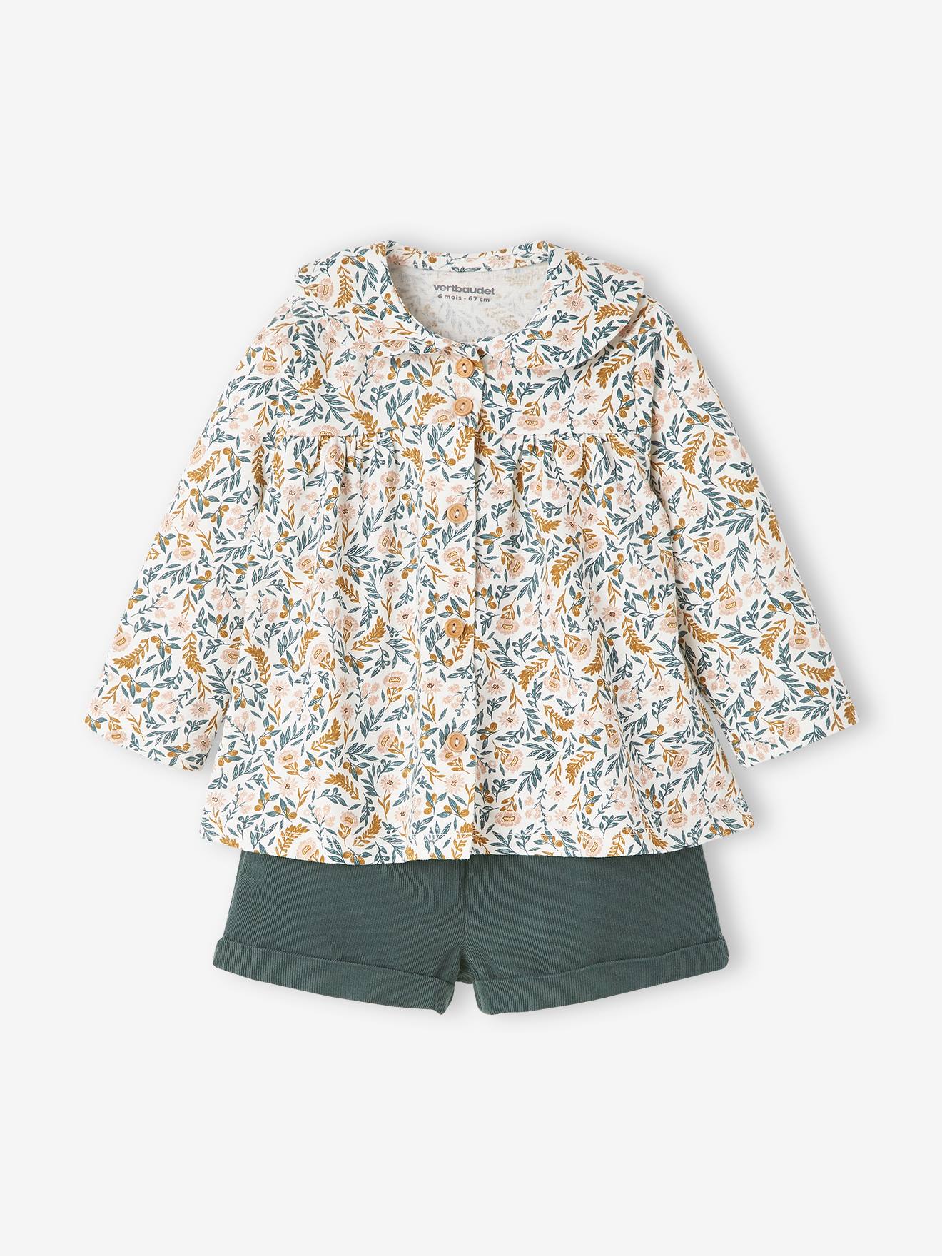 Ensemble 3 pièces bébé fille tee-shirt, short velours et bandeau écru