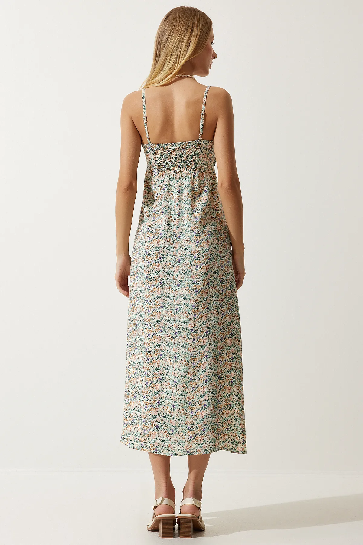 Happiness İstanbul  Cremegrünes Viskosekleid mit gemusterten Trägern für Damen, UB00236