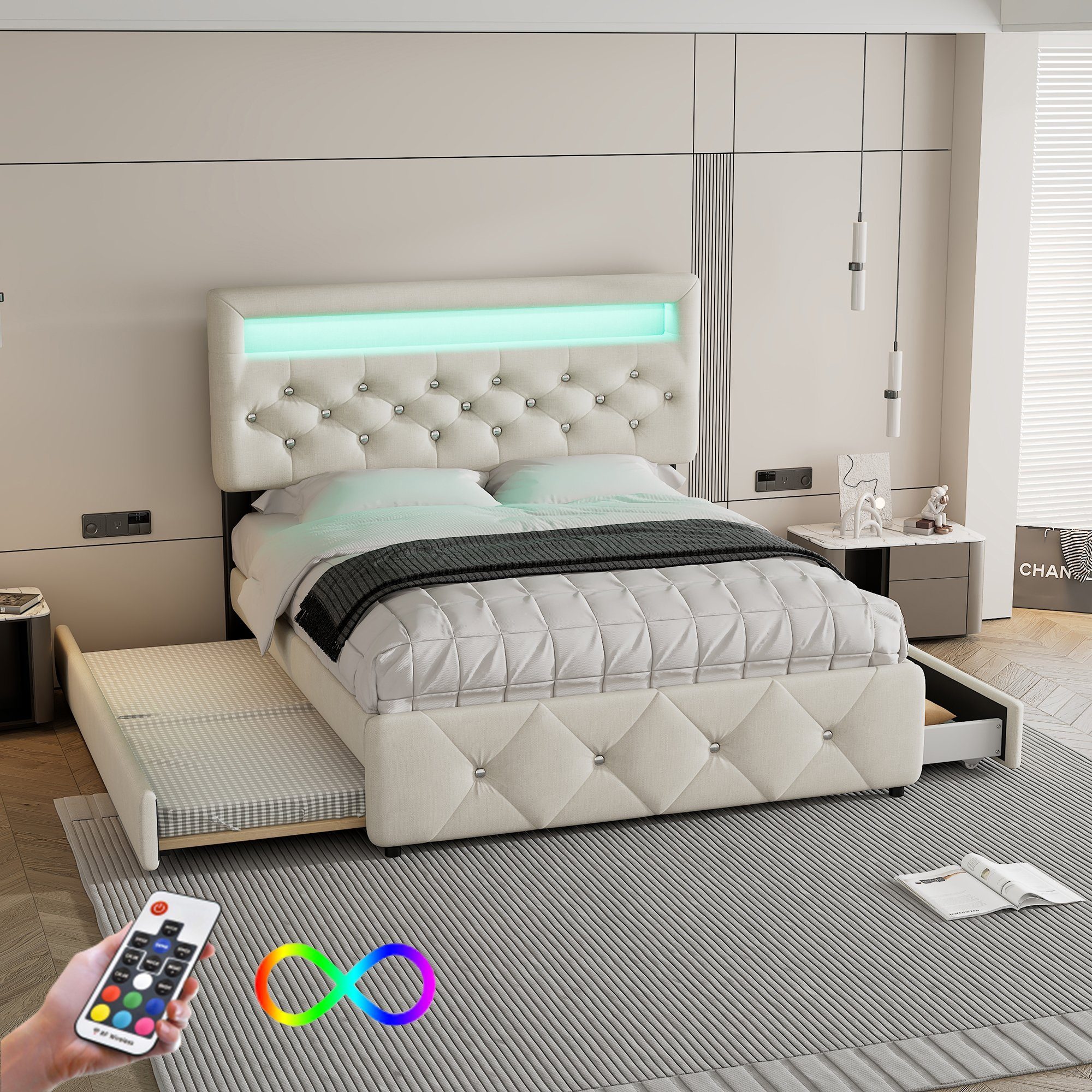 Flieks Polsterbett, LED Doppelbett 140x200cm mit 2 Schubladen, Ausziehbett 90x190cm Leinen