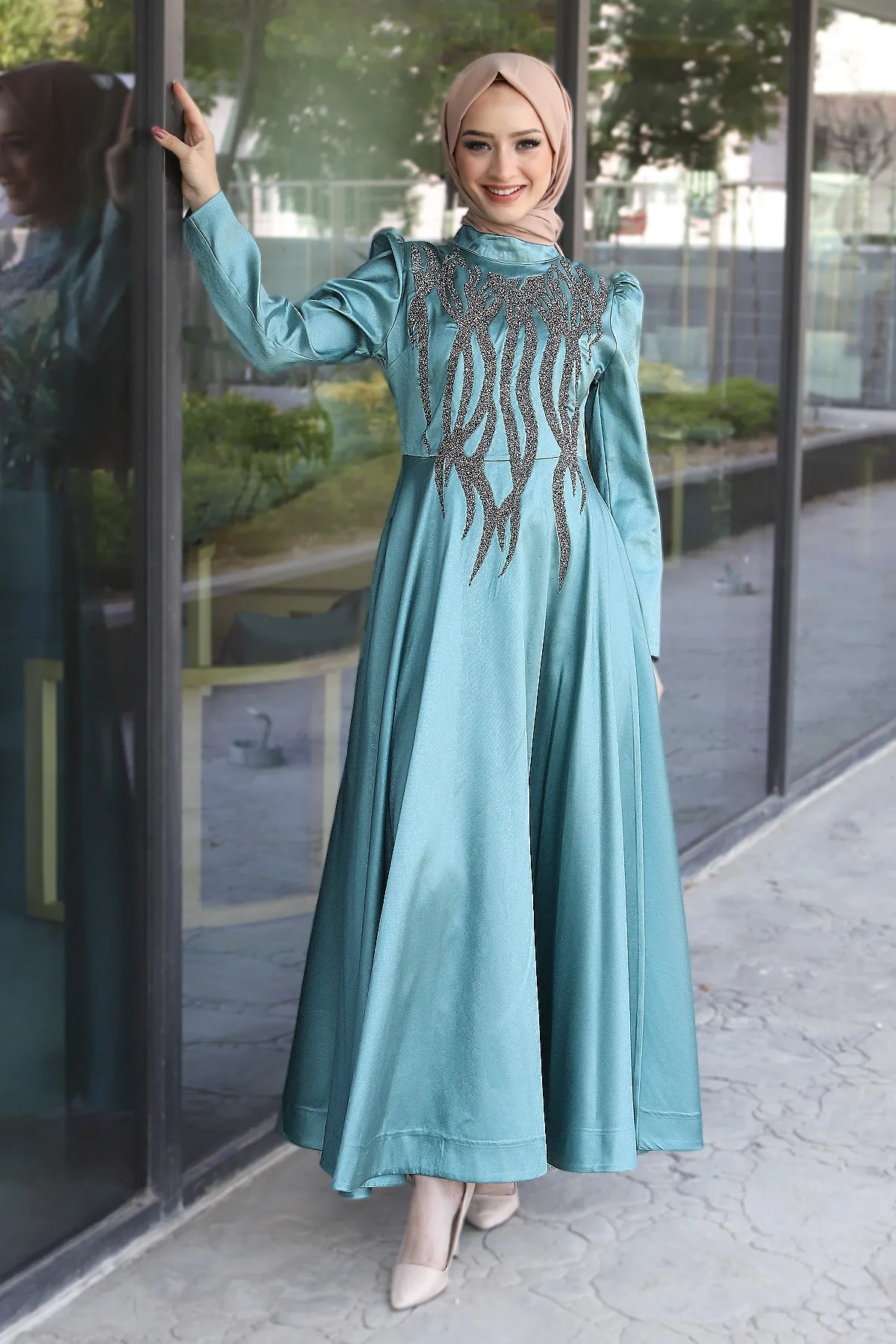 Tesettür Dünyası  Abendkleid mit Pailletten auf der Vorderseite, Tsd220544, Mintgrün