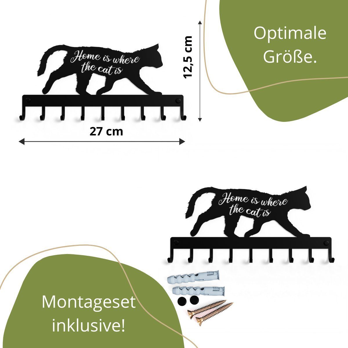 NOGGI - Home Decor Masters Schlüsselleiste Schlüsselhaken mit Motiv, (Schlüsselbrett HOME IS WHERE THE CAT IS I Schlüsselablage mit 9 Haken I Schlüsselhalter für die Wand, Wandbefestigung im Set enthalten), Made in EU