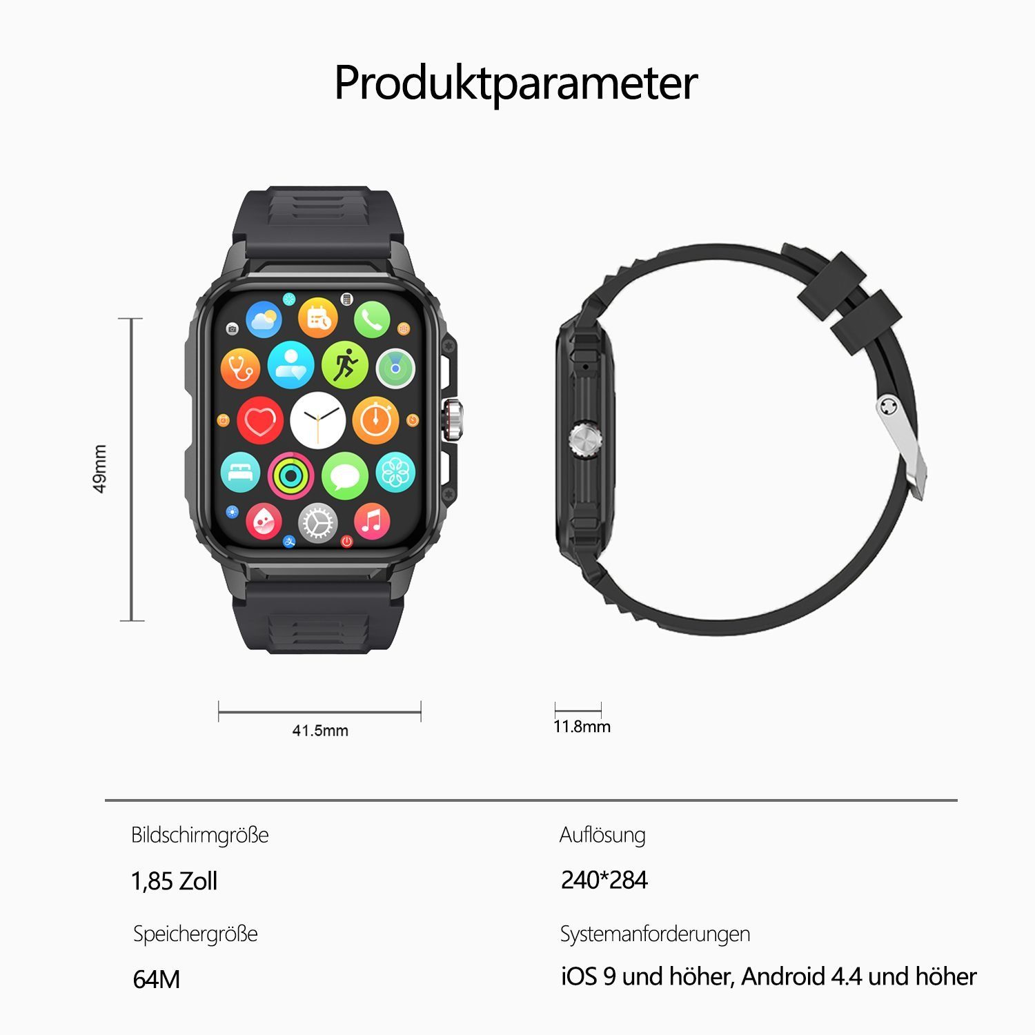 BUMHUM Smartwatch für Outdoor-Sport, Bluetooth-Anrufe, wasserdicht, Smartwatch (1.83 Zoll) Gesundheitsüberwachung, dreifacher Schutz, Fitnessuhr mit Telefonfunktion, IP68 Wasserdicht, 1.85