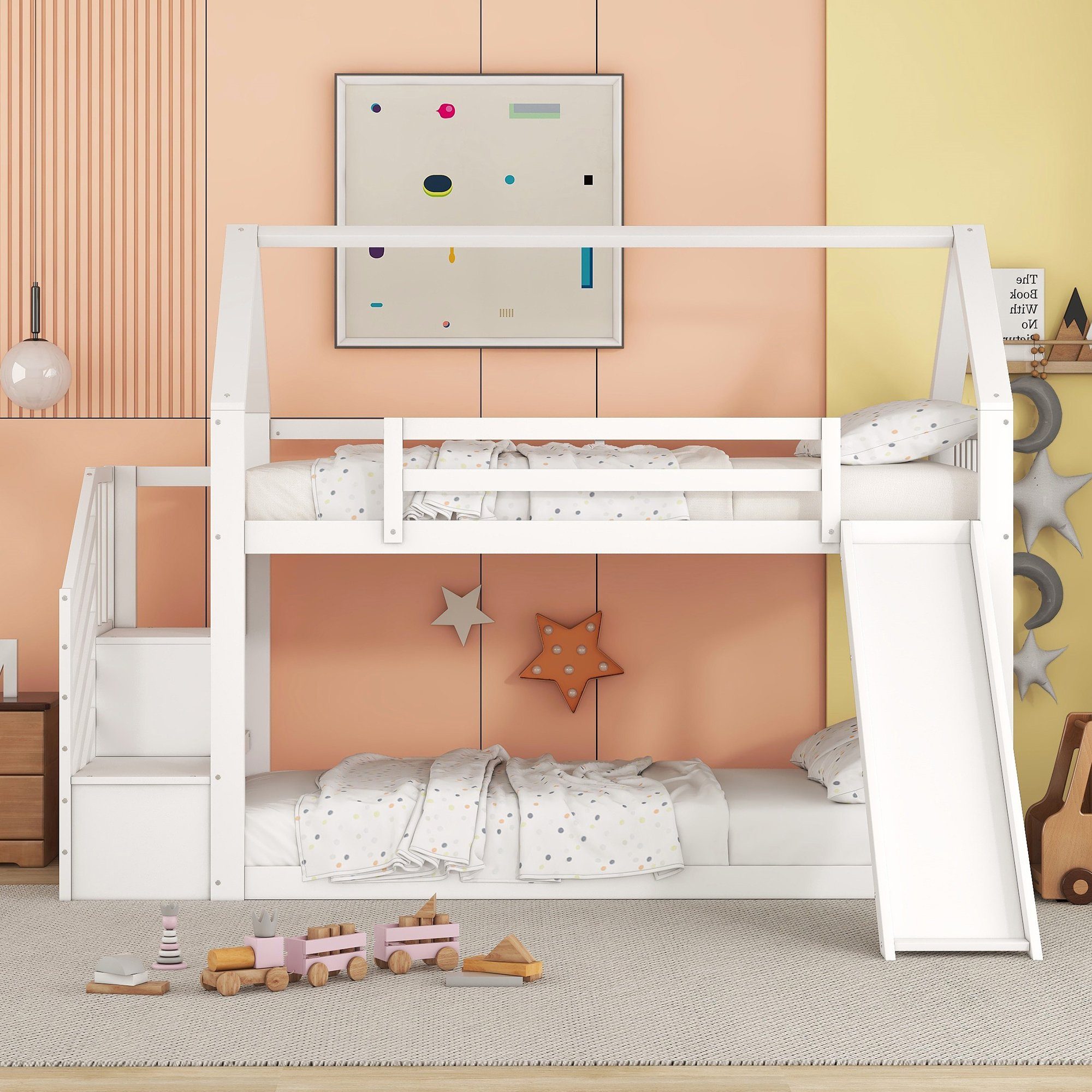 OKWISH Bett Etagenbett, Kinderbett, Hausbett 90x200cm (mit Stauraumtreppe und Rutsche, mit Geländer), geeignet für Kinder, Jugendliche, Ohne Matratze