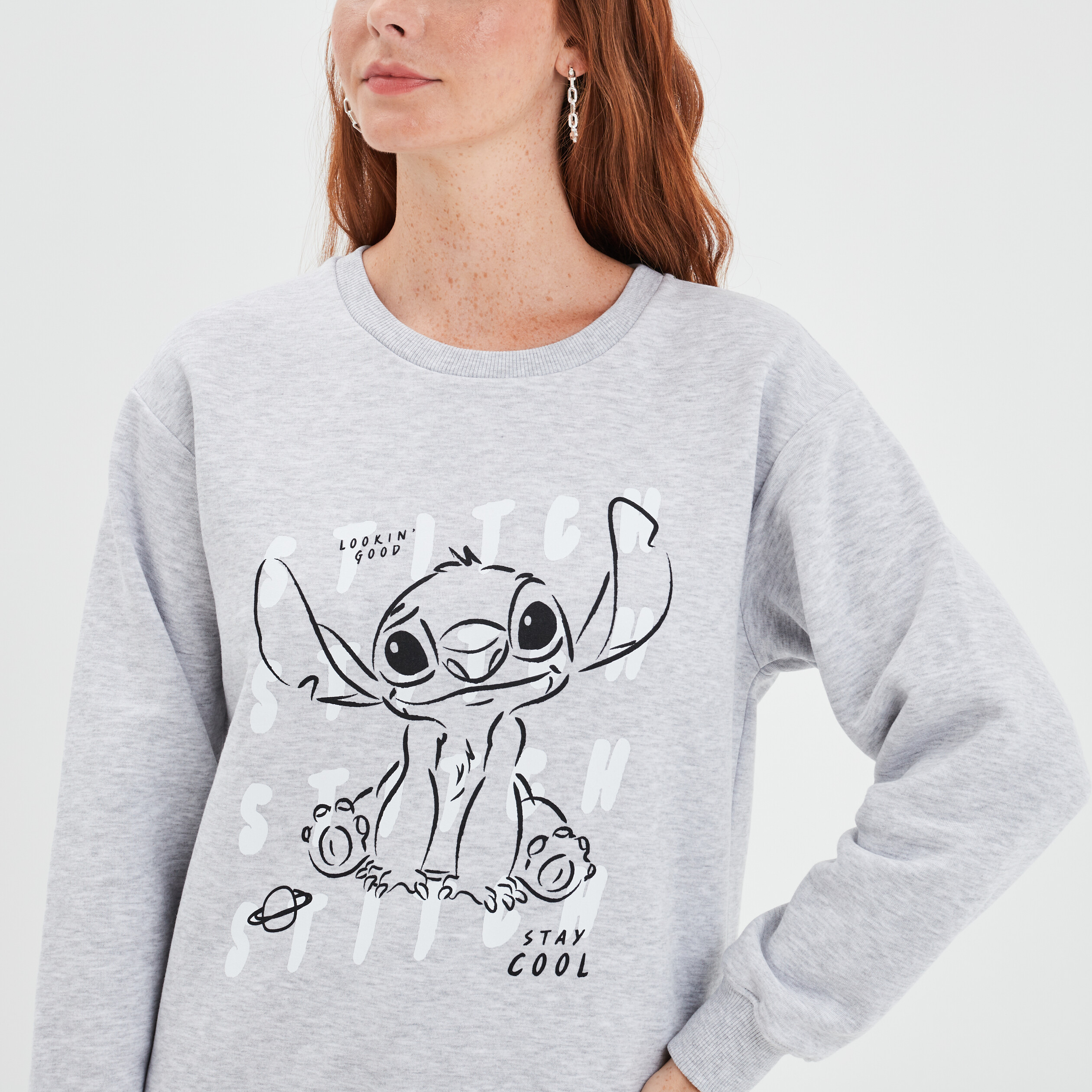 Sweat col rond manches longues Stitch gris femme | La Halle