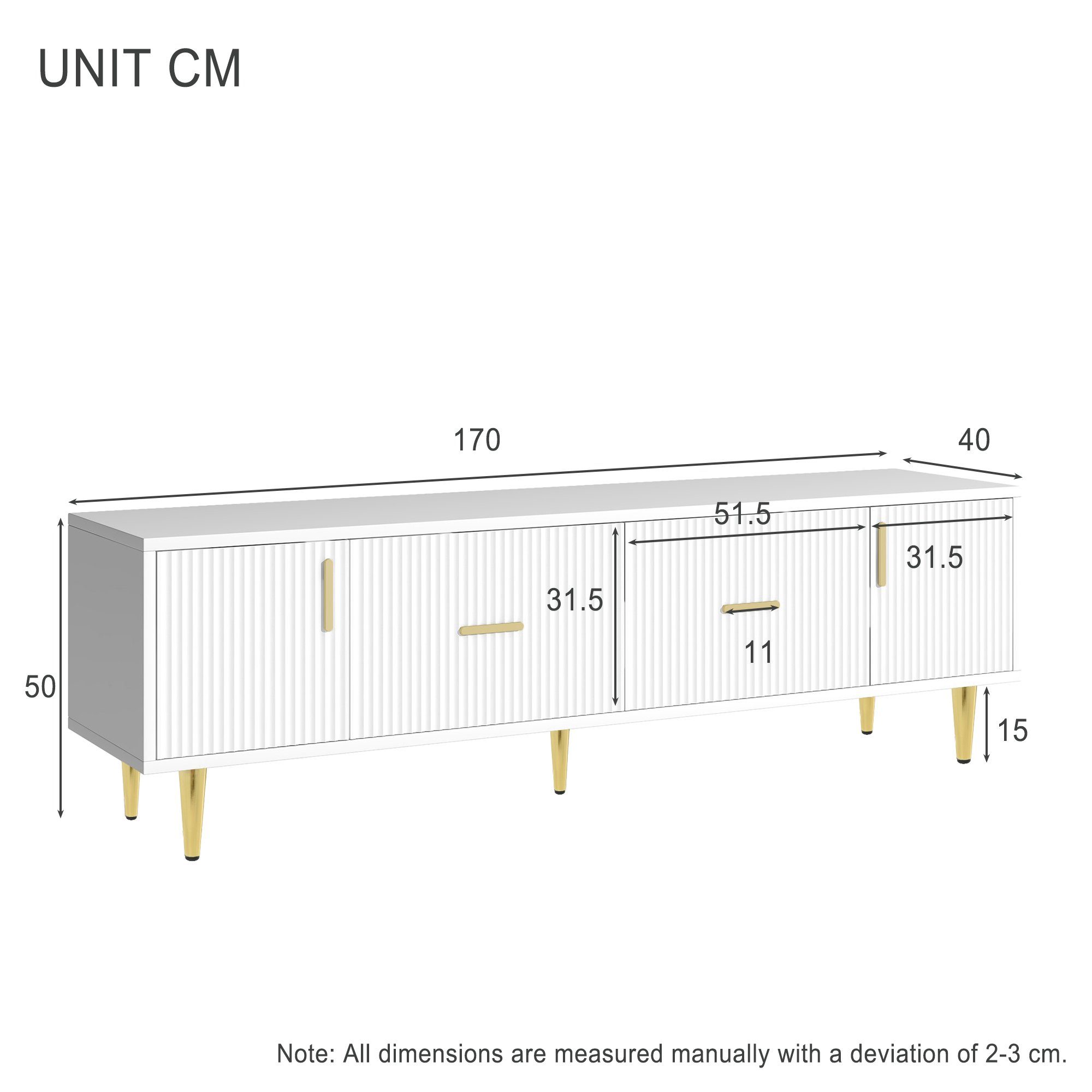 Merax Lowboard mit goldenen Füße und Griffe aus Metall, TV-Schrank mit 2 Schubladen und 2 Türen, Fernsehtisch, Breite: 170cm