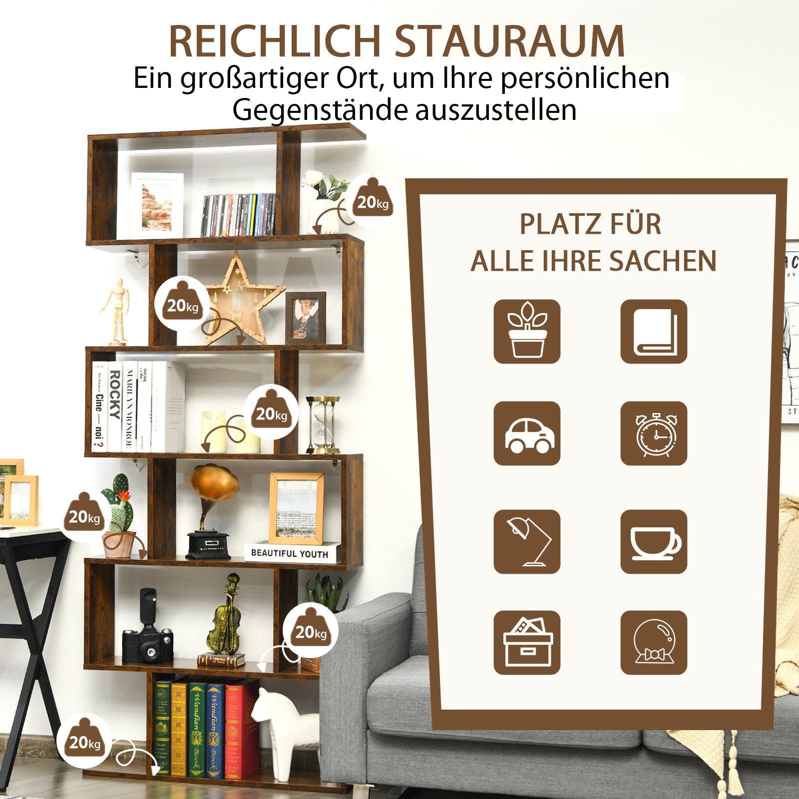 COSTWAY Bücherregal, Standregal mit 6 Fächern, 20 kg/Ebene, 80x23x192cm, braun
