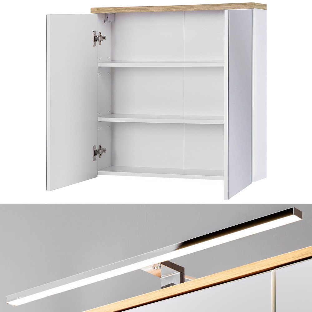 Lomadox Badmöbel-Set LUTON-56, (Spar-Set, 4-St., 4-tlg), weiß mit Wotan Eiche Nb. 60/200/46 cm