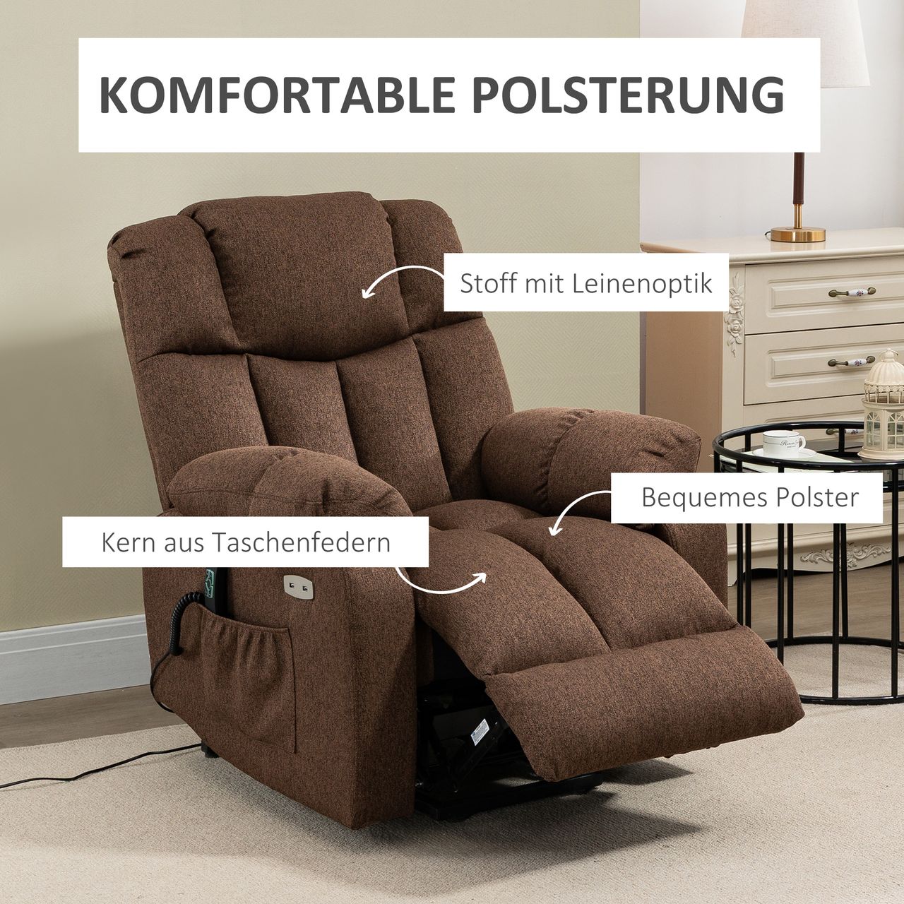 HOMCOM elektrischer Aufstehsessel Liegestuhl mit Fernbedienung 58W Braun