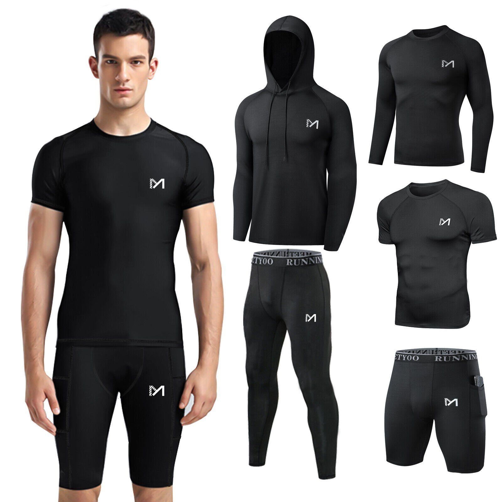 MEETYOO Trainingsanzug Herren Funktionsshirt Trainingsanzug (Kapuzenpulli Langarmshirt T-Shirt Laufhose, 5er-Pack, Trainingsshirt Laufanzug), Kompressionsshirt Shorts Laufhose,Fitness,Sport
