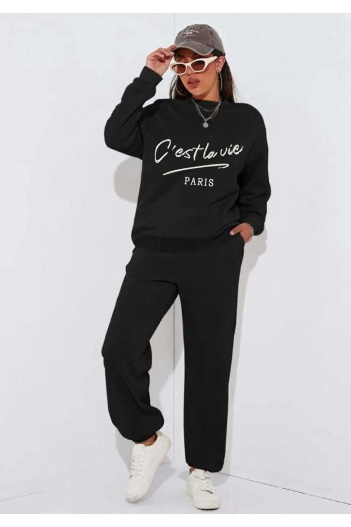 My Blog  Schwarzes bedrucktes C'est La Vie Paris-Trainingsanzugset für Damen