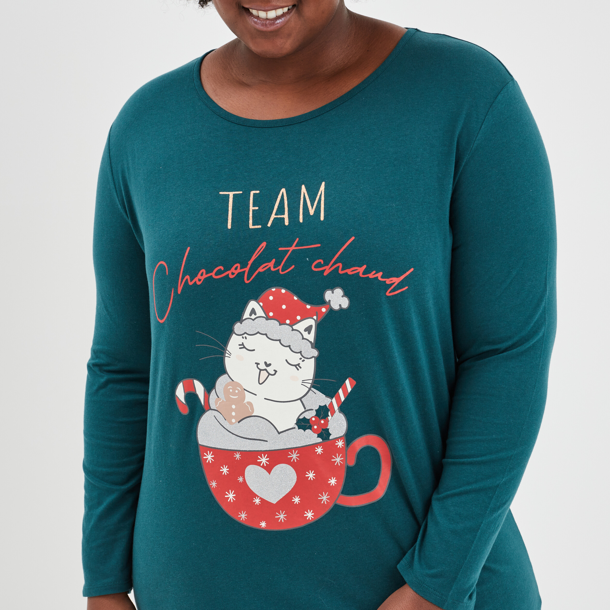 Chemise de nuit manches longues col rond vert canard femme grande taille | La Halle