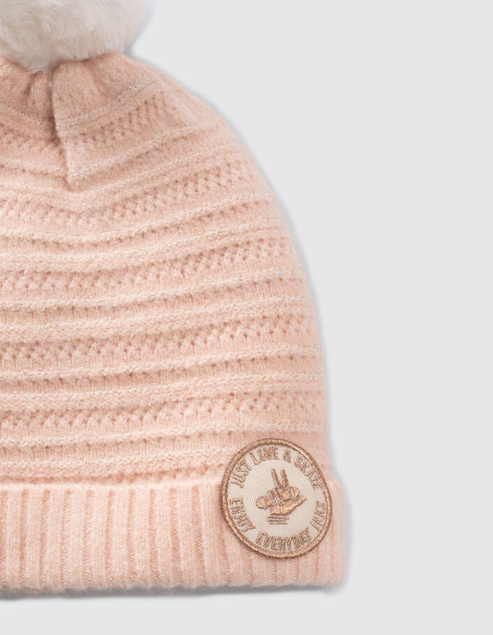 Bonnet rose tricot fantaisie lurex badge bronze fille