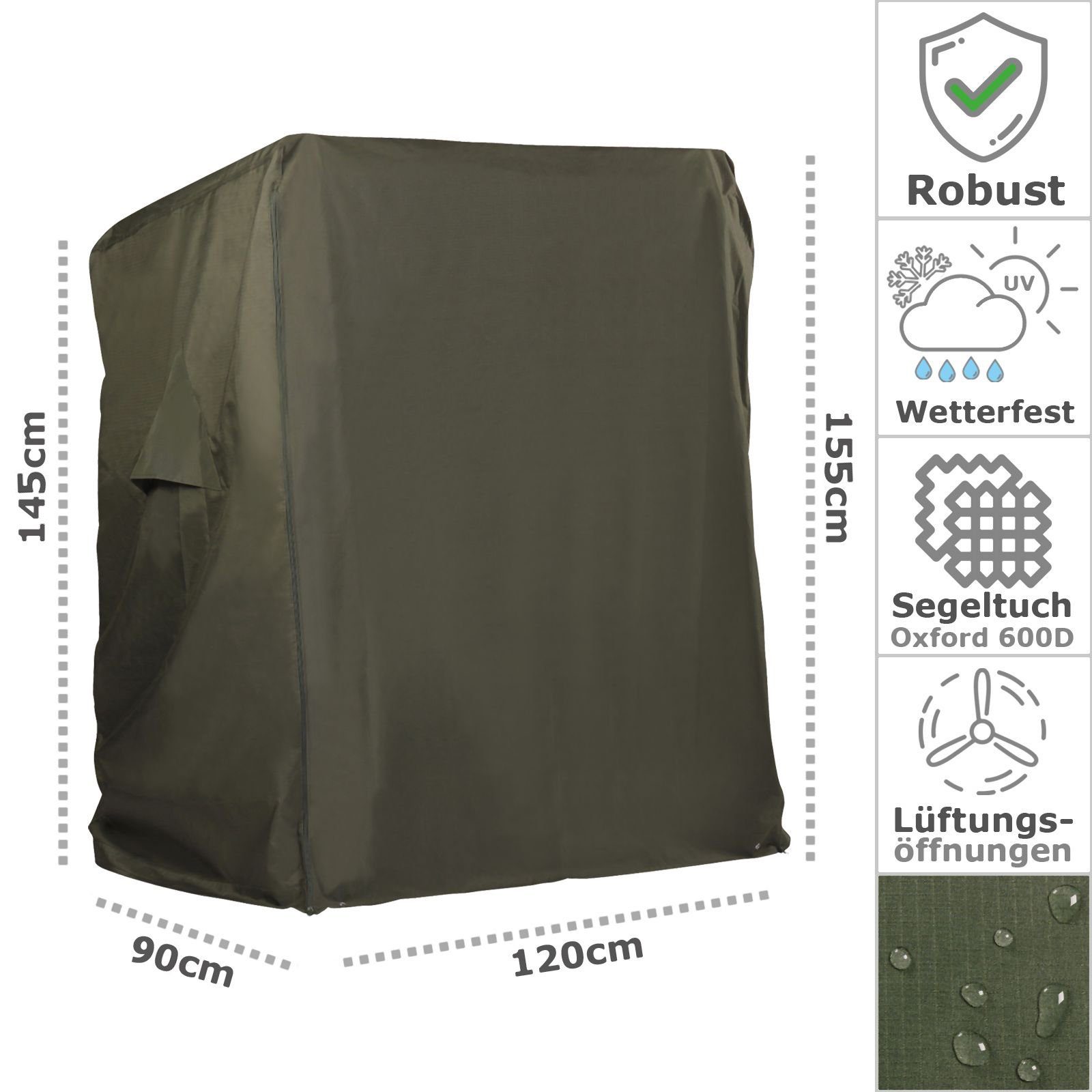Strandkorb Hanse Strandkorb-Schutzhülle Premium Strandkorbhülle, Abdeckhaube in grün, 600D, winterfest, Segeltuch-Qualität, UV-beständig & atmungsaktiv
