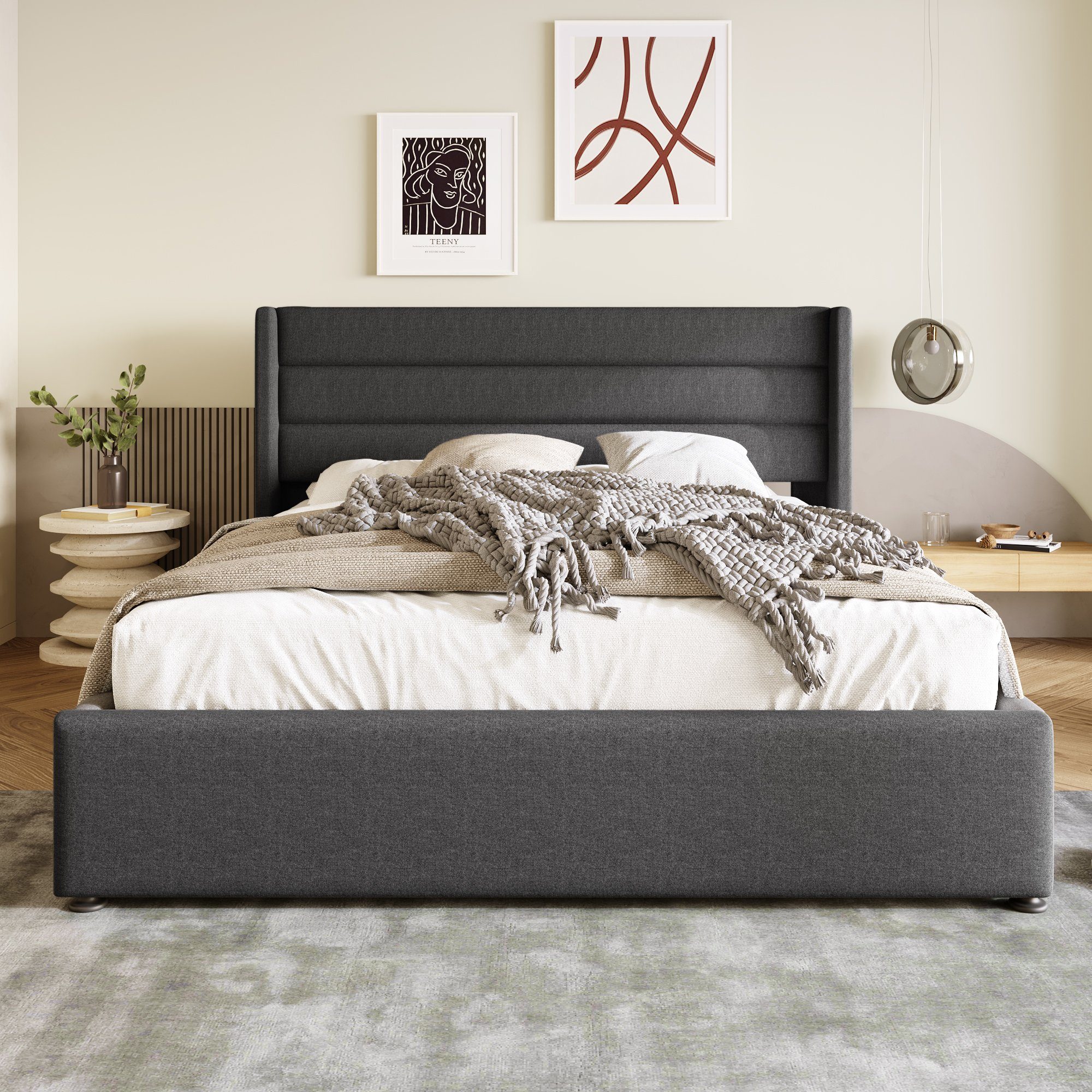 PHOEBE CAT Boxspringbett (Funktionsbett, Doppelbett Hydraulisches Bett mit Lattenrost), Polsterbett Stauraumbett 140x200 cm, Lattenrost aus Holz, Leinen