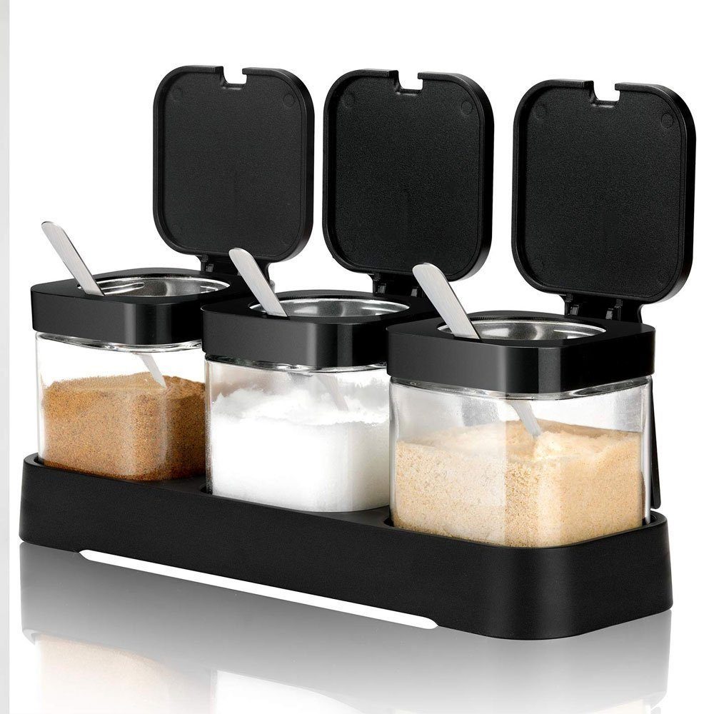 SOTOR Gewürzbehälter Tablett Glas Gewürzglas Küche mit Edelstahl Löffel Gewürzbehälter, (Gewürzdosen-Set, 3 Stück mit Deckel und Löffel)