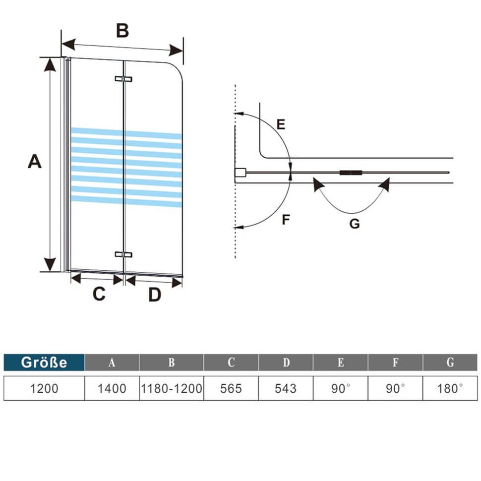 duschspa Badewannenaufsatz Badewannenaufsatz mit weißen Streifen Faltwand auf Badewanne NANO Glas, Einscheibensicherheitsglas, Sicherheitsglas, (Set), Breite 120cm, Höhe 140cm, Glas