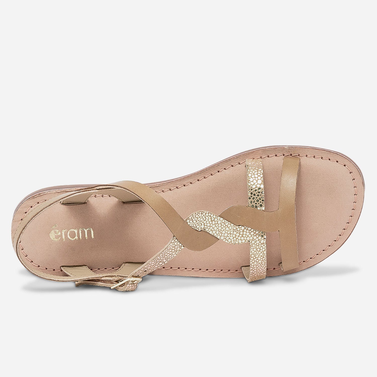 Sandale camel en cuir lisse et imprimé