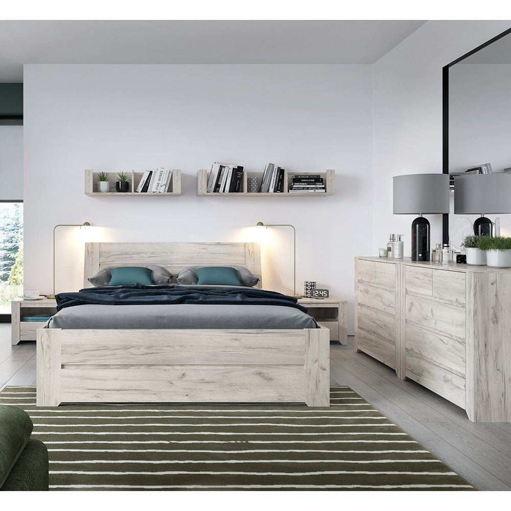 Lomadox Schlafzimmer-Set AMANTEA-129, (Spar-Set, 7-St), mit Bett 140x200cm, Craft Eiche weiß