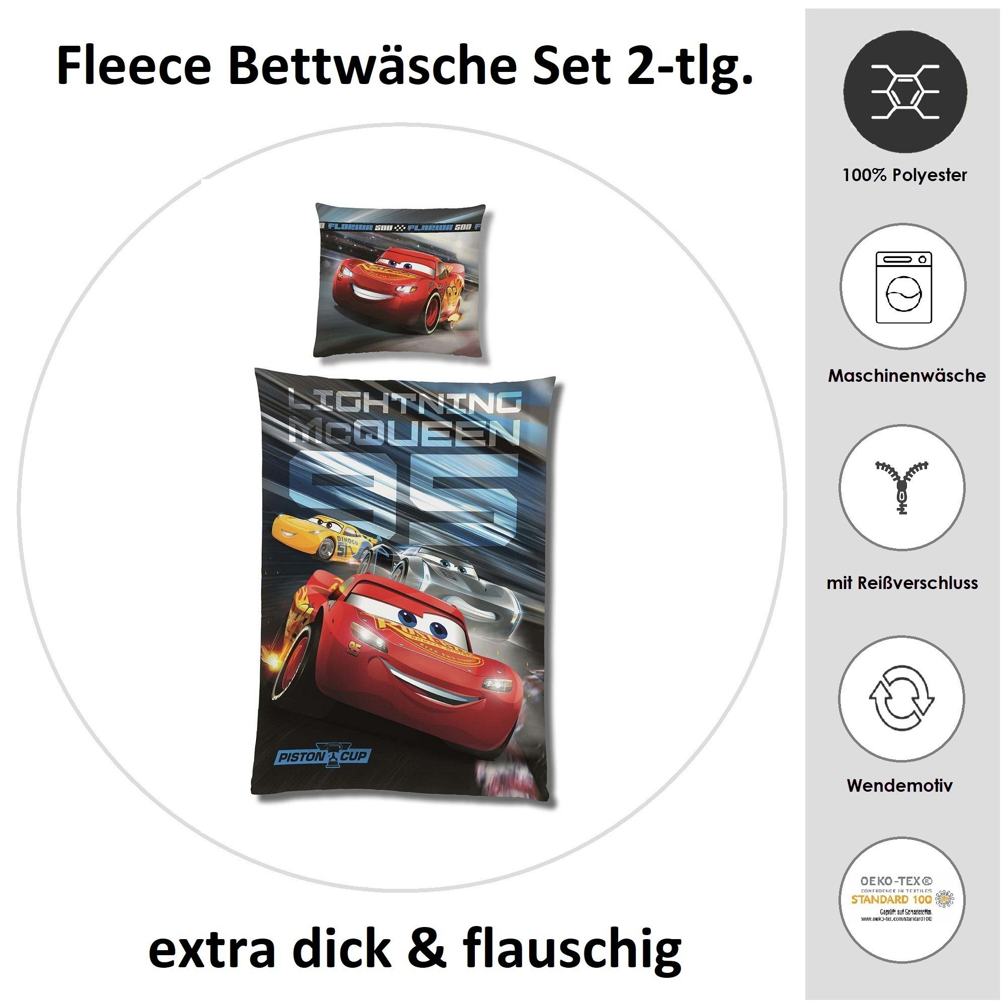 Kinderbettwäsche  Cars 135x200 80x80 cm, extra flauschig mit Reißverschluss, Familando, Fleece, 2 teilig, mit Lightning McQueen, Cruz Ramirez & Jackson Storm