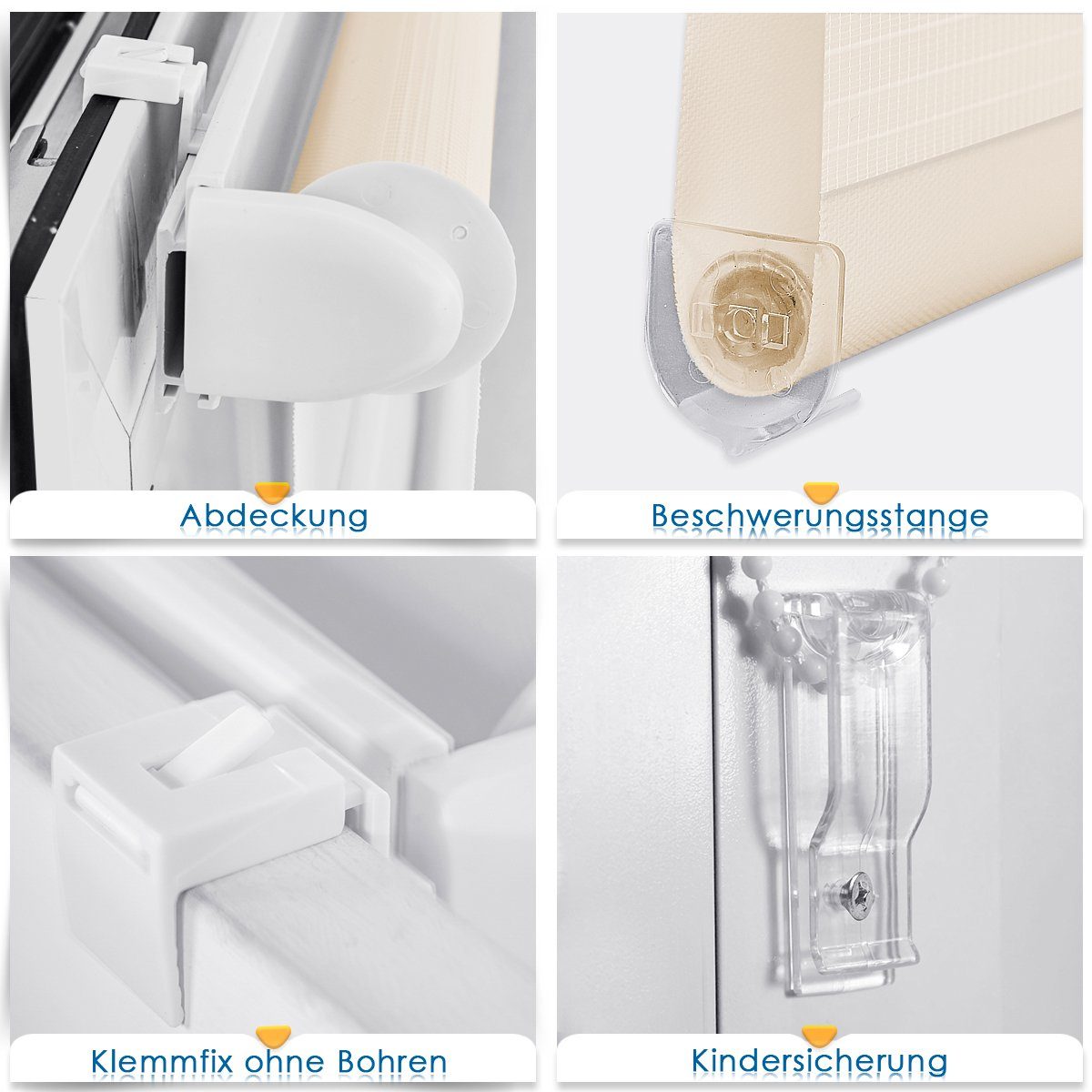 Doppelrollo rollos für Fenster ohne Bohren 130cm, OUBO, Lichtschutz, freihängend, mit Klemmträger, Klemmfix, livhtdurchlässig und verdunkelnd