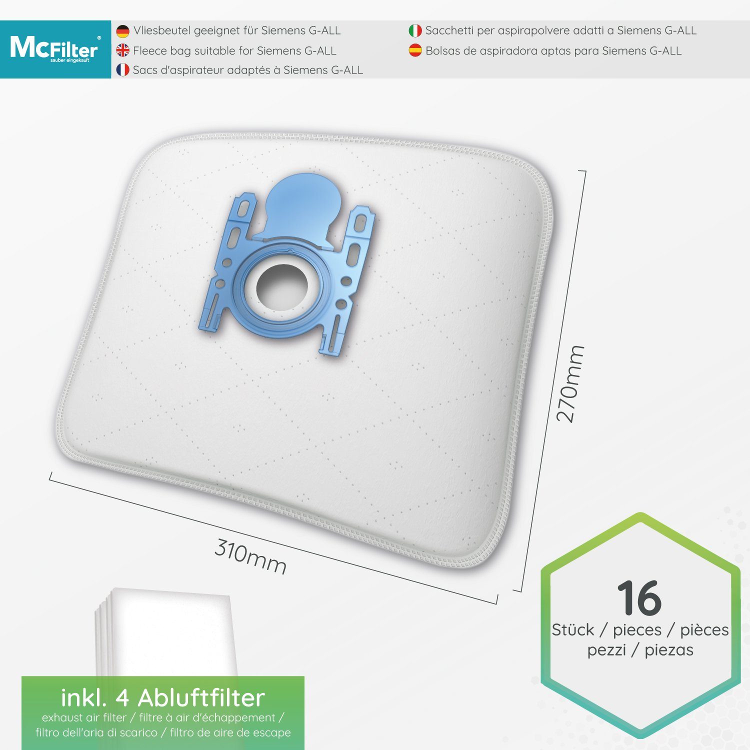 McFilter Staubsaugerbeutel, passend für Siemens VS06A111, VSP3T212 Staubsauger IQ 300, 16 St., 5-lagiger Staubbeutel mit Hygieneverschluss, inkl. Filter