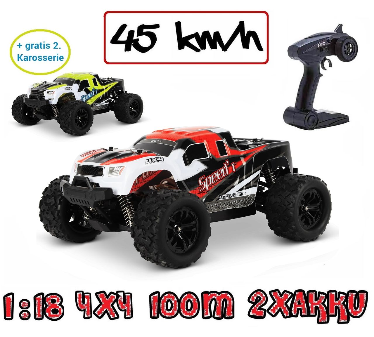 Blijr Blij´r Speed´r ferngesteuerter RC Monstertruck Rot 45 km/h, 1:18, 2 Akkus, Allrad, 100m, Ersatzkarosserie