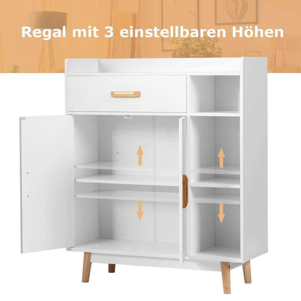 COSTWAY Kommode, mit Schublade&Fächern, aus Holz, stehend, 80x30x95cm, weiß