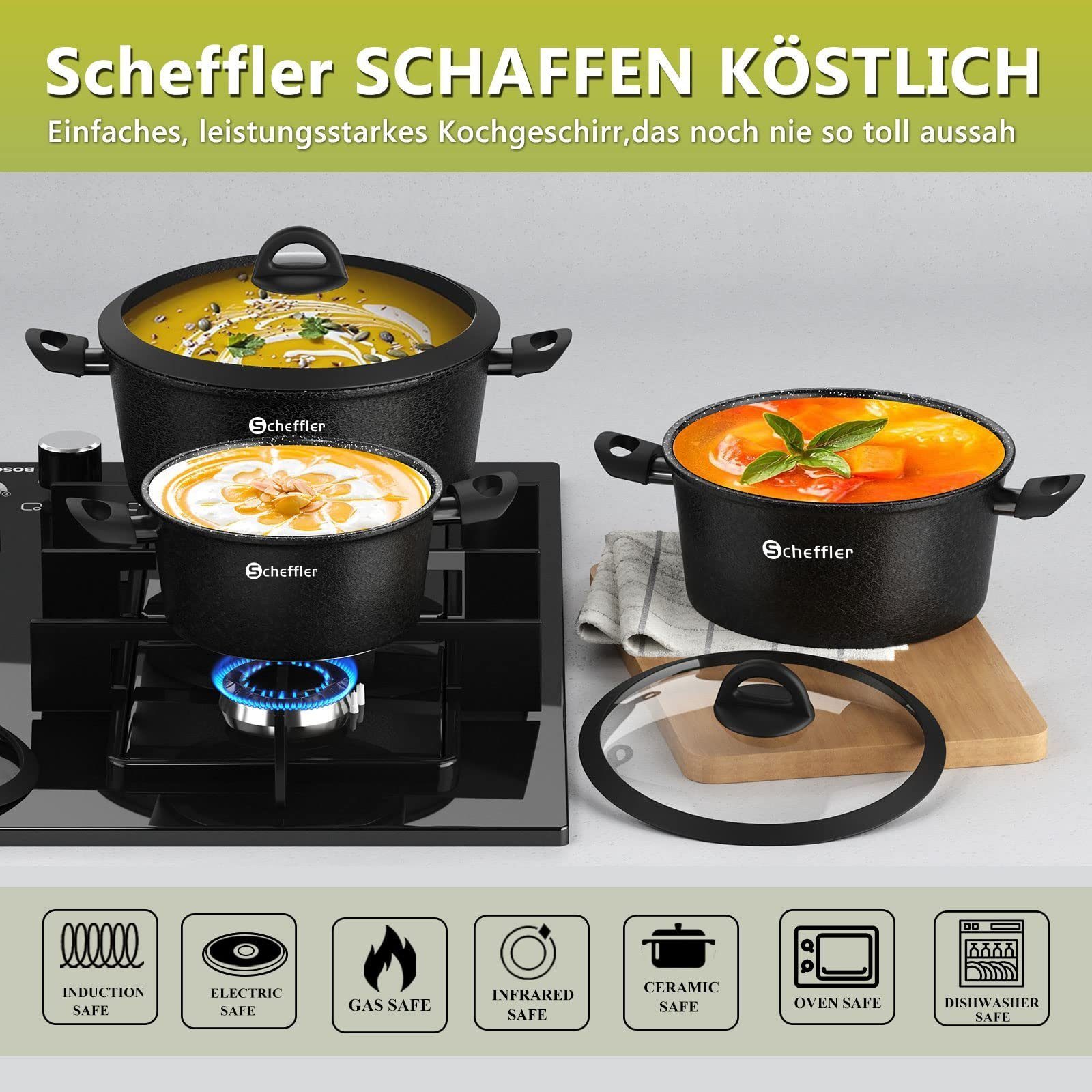 Scheffler Topf-Set Töpfe und Pfannen Antihaftbeschichtung Kochgeschirr Set mit Glasdeckel, Aluminium (3-tlg., Töpfe Set mit Glasdeckel), Induktionsgeeignet