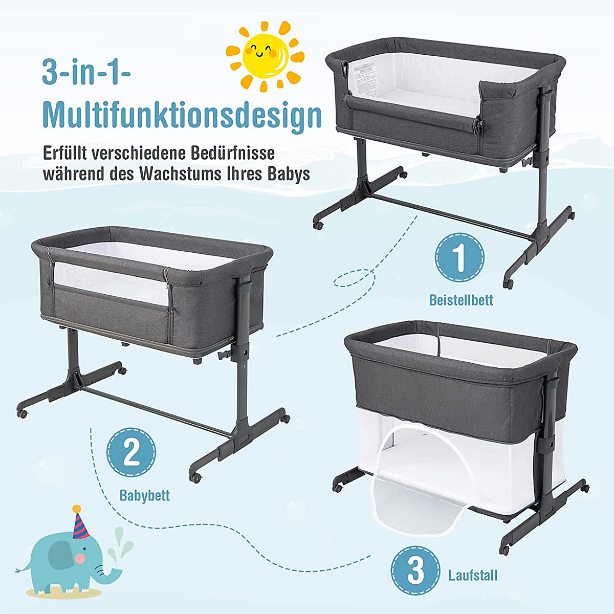 3 in 1 Beistellbett Laufstall Reisebett mit Matratze