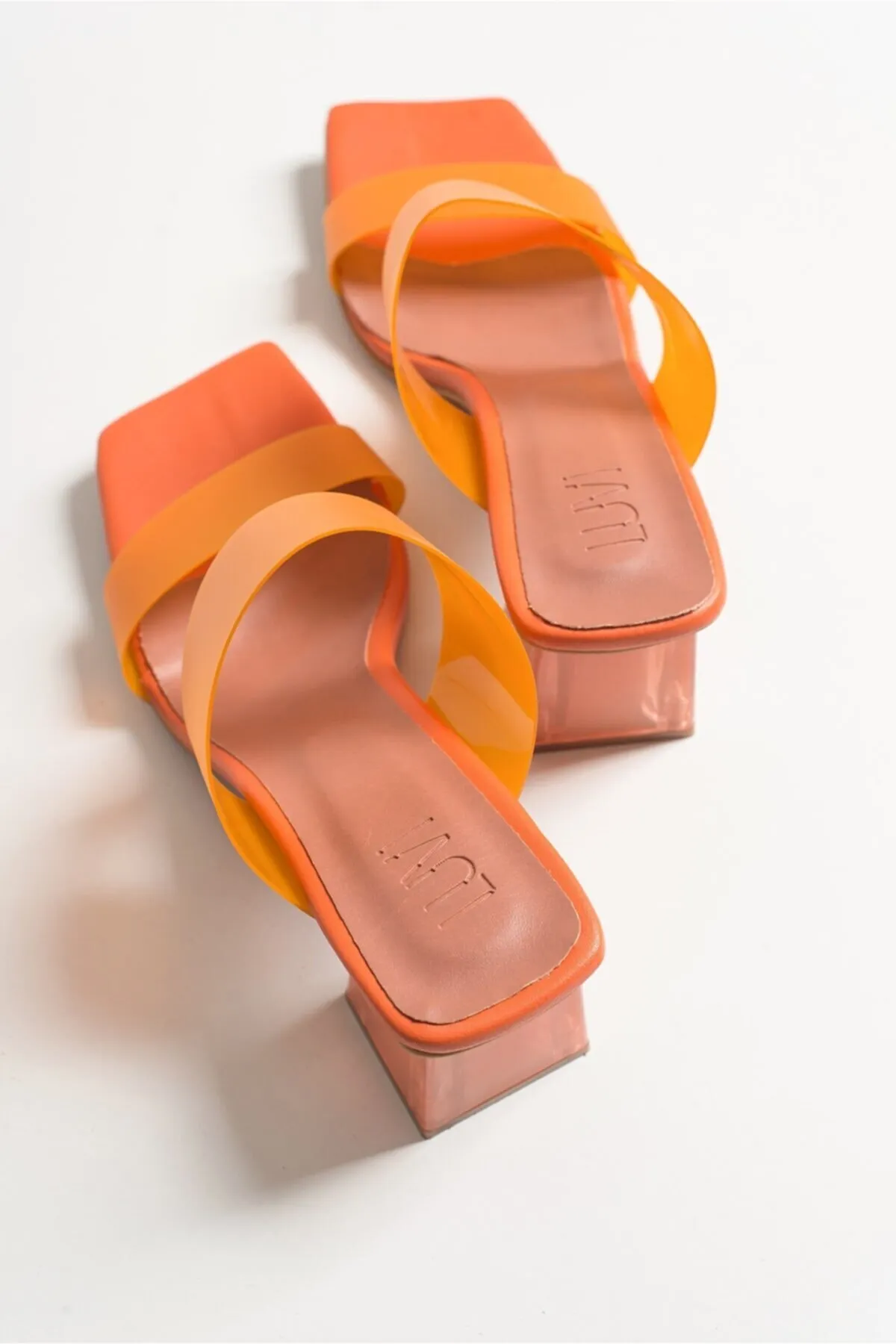 LuviShoes  Transparente Damen-Hausschuhe mit orangefarbener Haut und Absatz