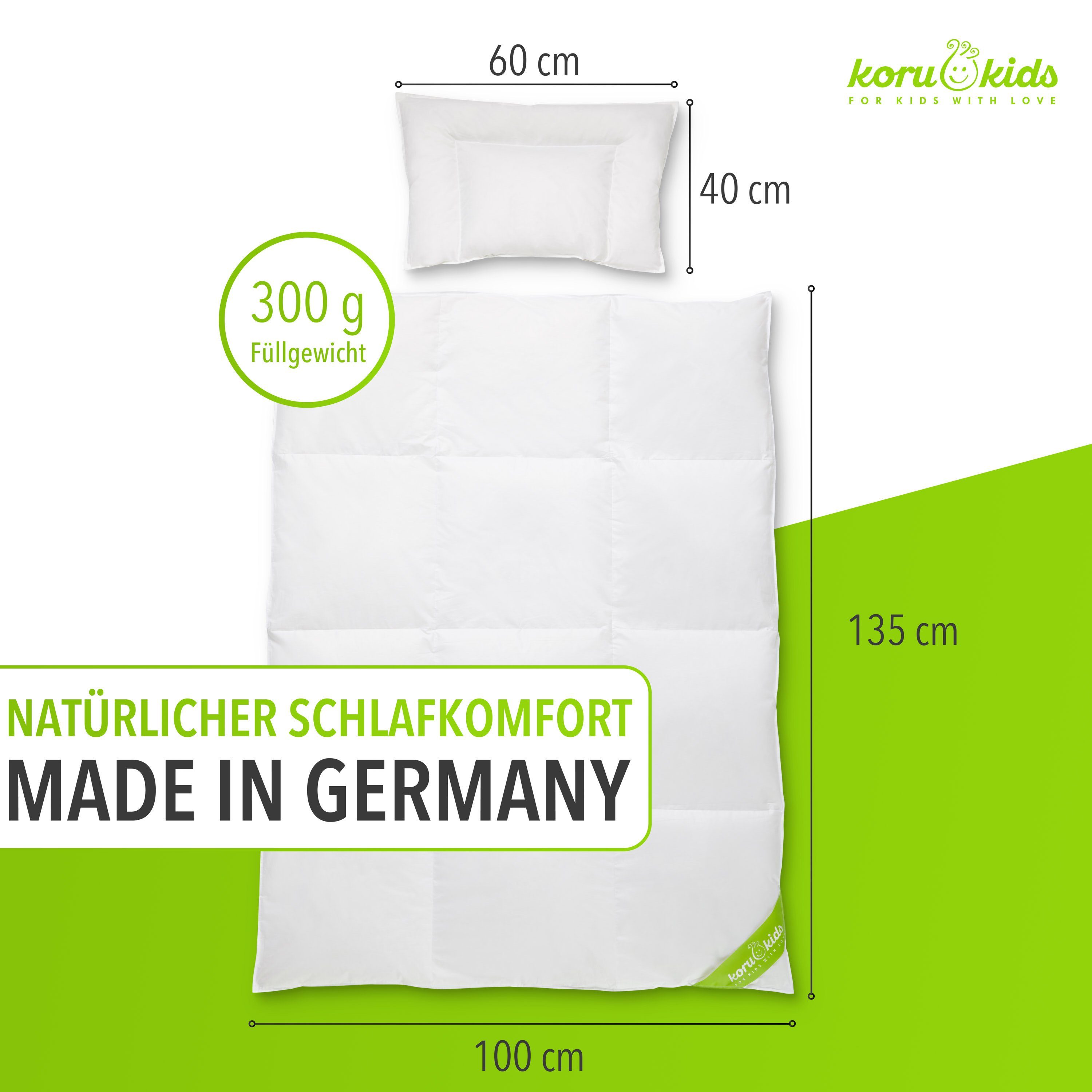 Kinderbettdecke + Kopfkissen, Daunen Kinderbettdecke 100x135 Set mit Kissen, Koru Kids, Füllung: 100% neue deutsche Entendaunen, made in Germany, waschbar bis 60°, natürliches Schlafen für Ihr Kind