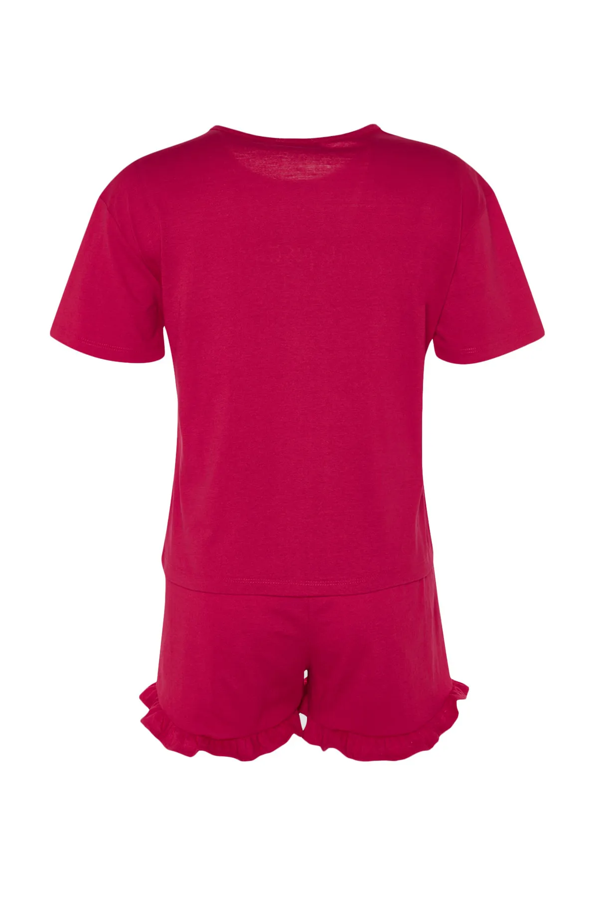 Trendyol Collection  Fuchsiafarbenes, gestricktes Pyjama-Set aus 100 % Baumwolle mit bestickten Rüschen und T-Shirt-Shorts THMSS20PT0165