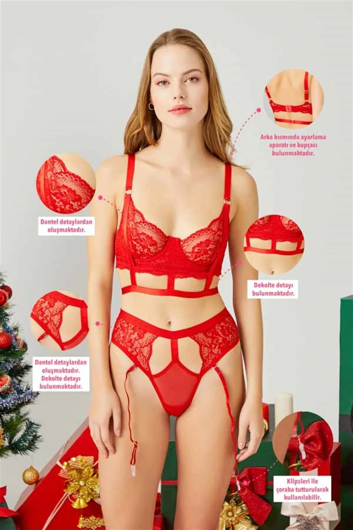 Cottonhill  Verstellbares, transparentes Damen-BH-Set aus roter Spitze