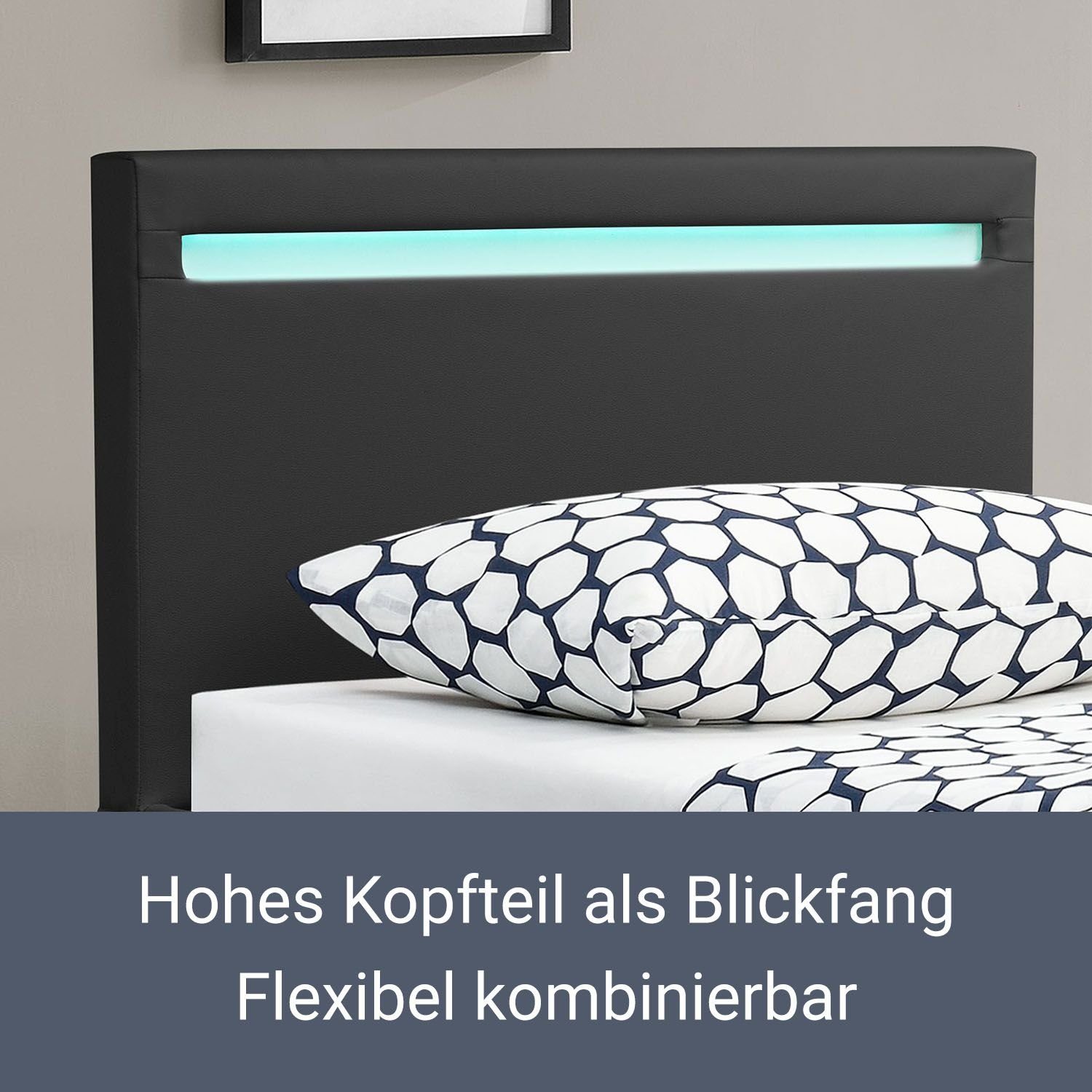 Juskys Polsterbett Verona, hohes Kopfteil, robustes Bettgestell, Lattenrost