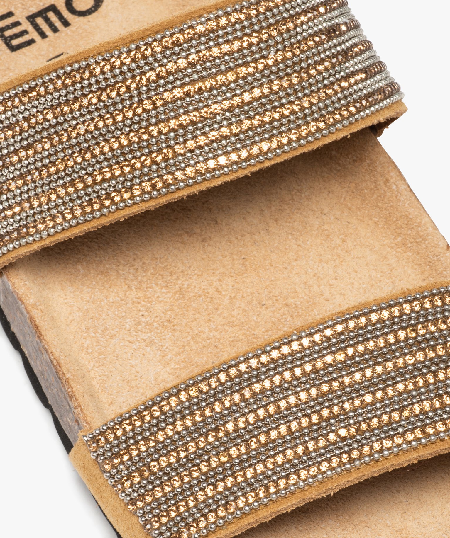 Mules femme plates à semelle liège et brides strass camel | GEMO