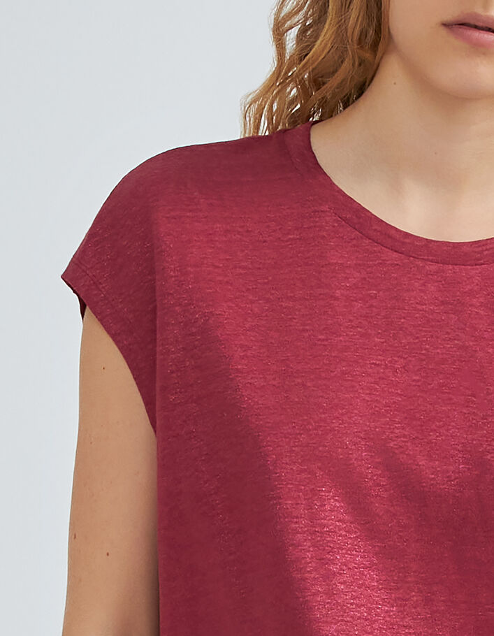 Tee-shirt bordeaux maille de lin irisée brodée Femme