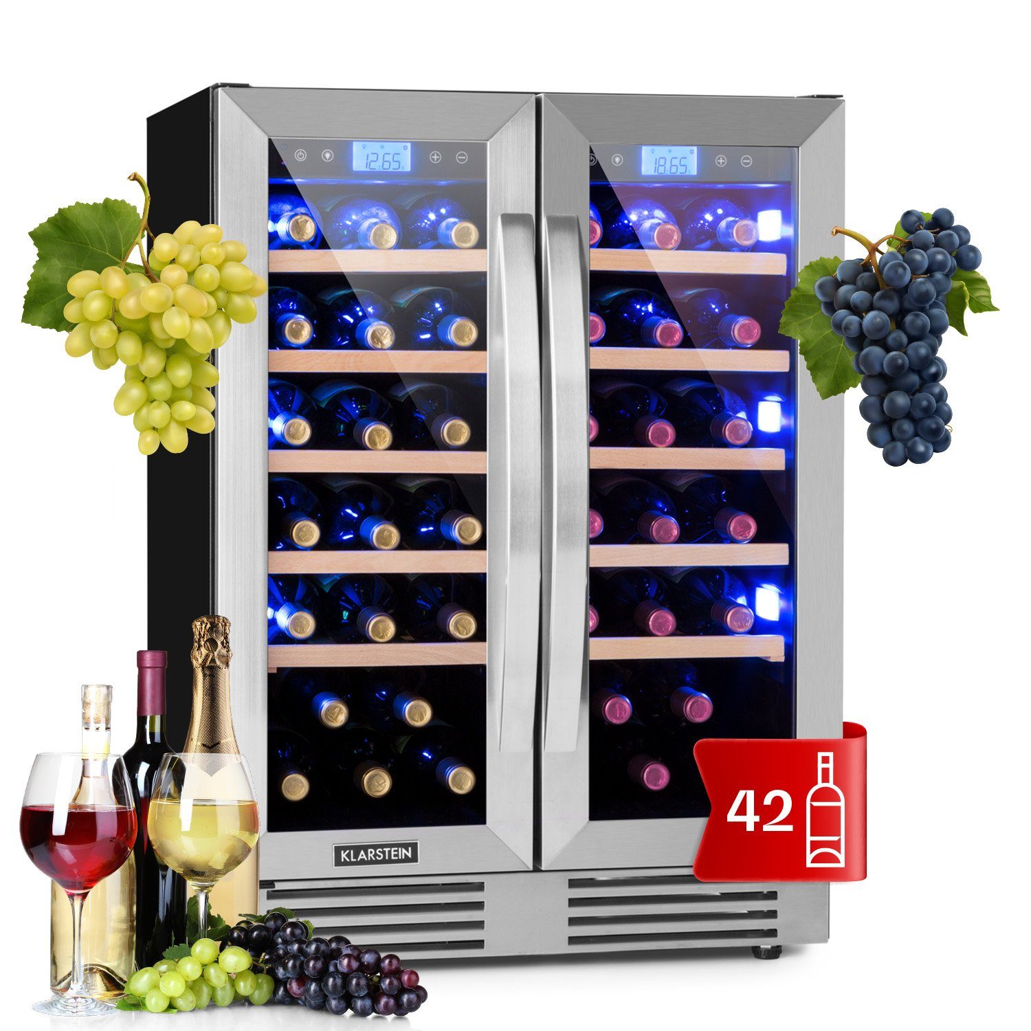 Klarstein Weinkühlschrank Vinovilla Duo 42, für 42 Standardflaschen á 0,75l,2 Zonen Wein Flaschenkühlschrank Weintemperierschrank Weinschrank