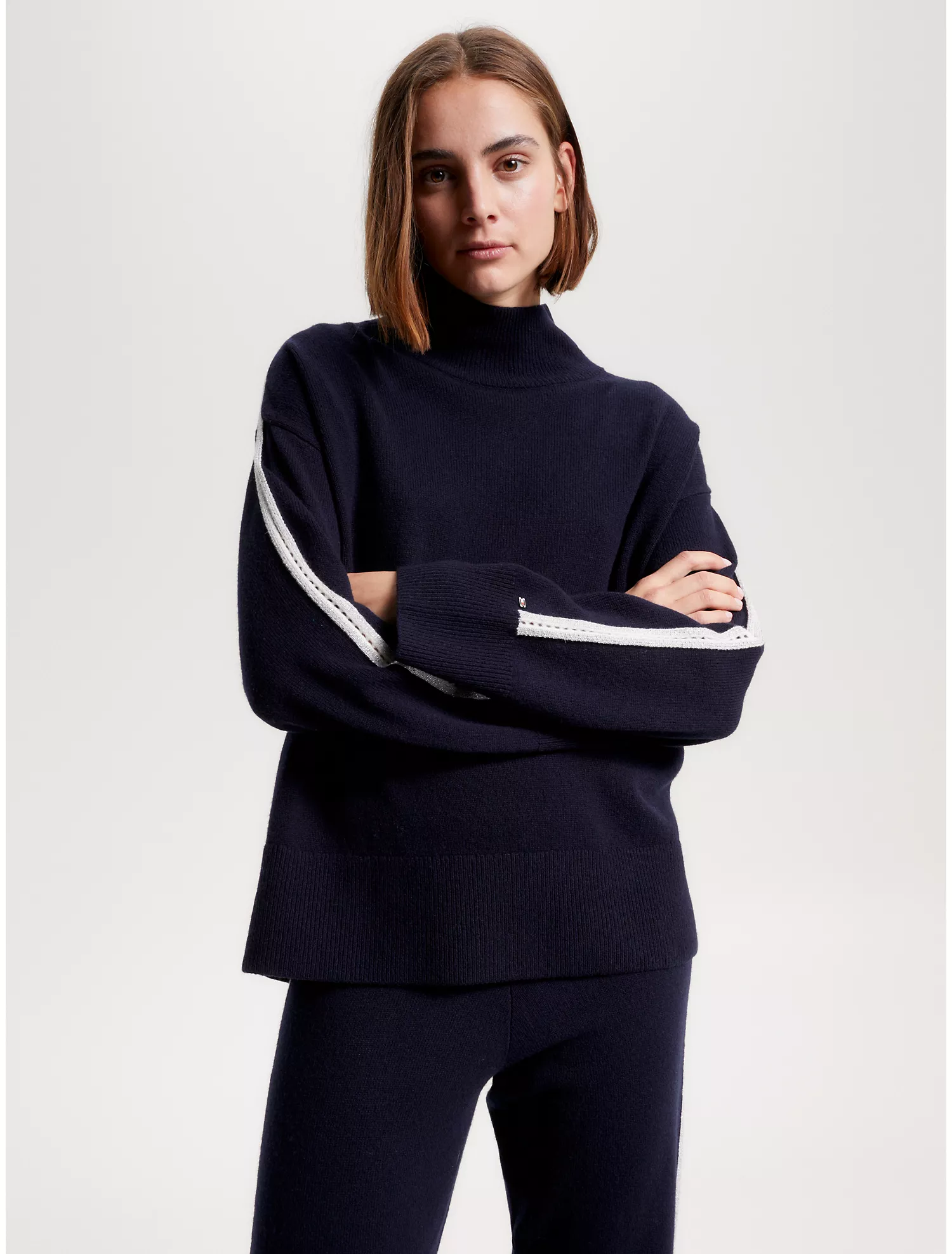 Pointelle Stripe Wool Mockneck Sweater